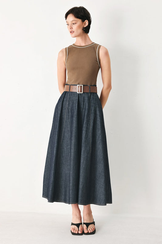 Espresso Hour Denim Combination Midi Dress in camel indigo, view 1 — Soul Flow Apparel