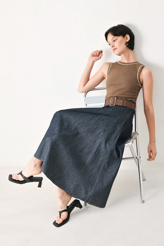 Espresso Hour Denim Combination Midi Dress in camel indigo, view 7 — Soul Flow Apparel