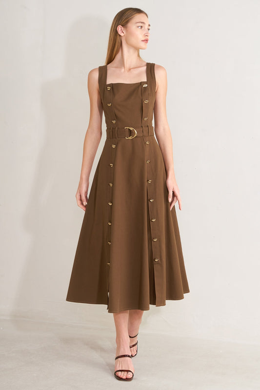 Sweet Sienna Woven Midi Dress in brown, view 2 — Soul Flow Apparel