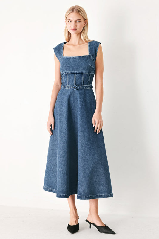 Quiet Muse Denim Midi Dress in indigo, view 1 — Soul Flow Apparel