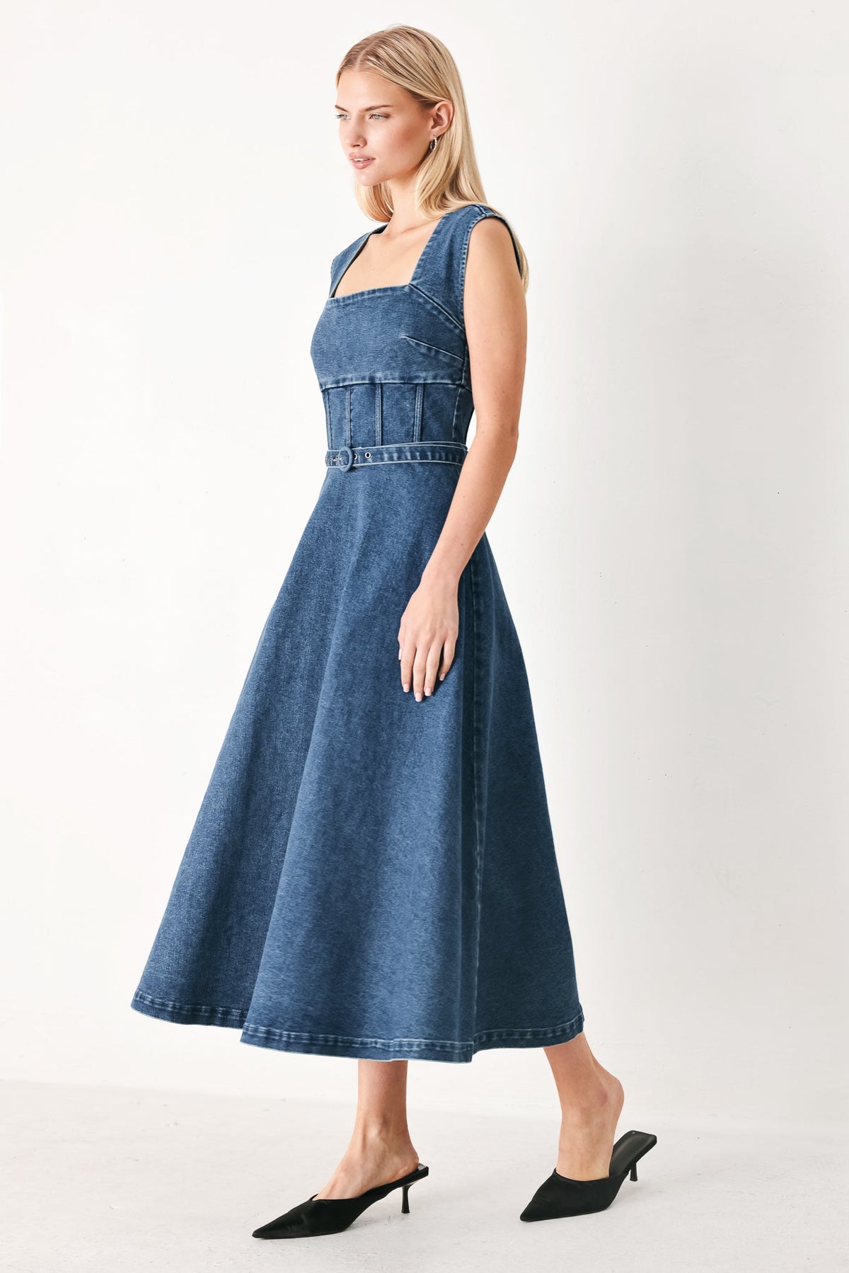 Quiet Muse Denim Midi Dress in indigo, view 3 — Soul Flow Apparel