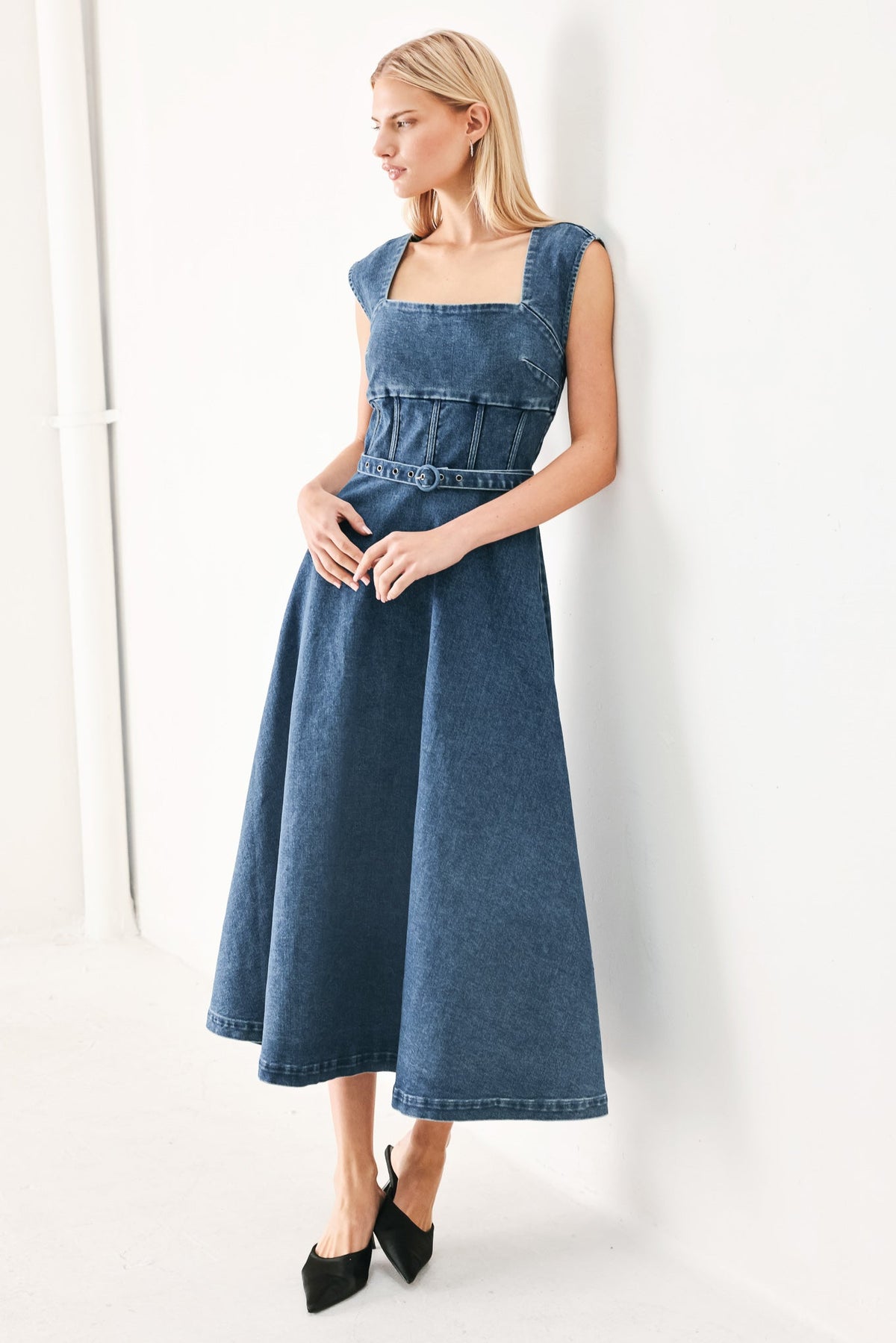Quiet Muse Denim Midi Dress in indigo, view 4 — Soul Flow Apparel