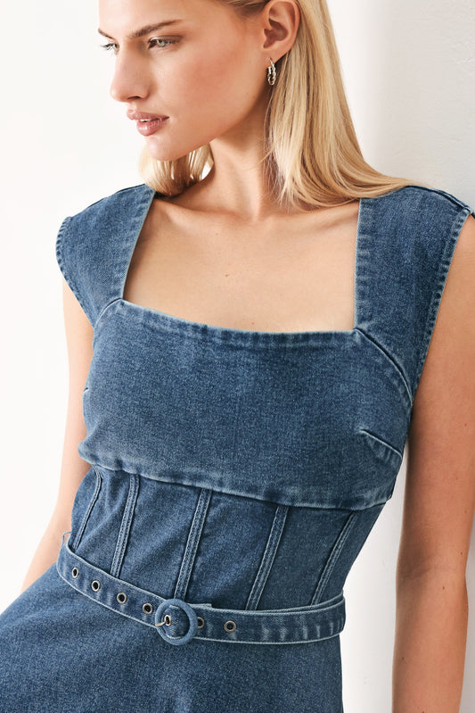 Quiet Muse Denim Midi Dress in indigo, view 5 — Soul Flow Apparel