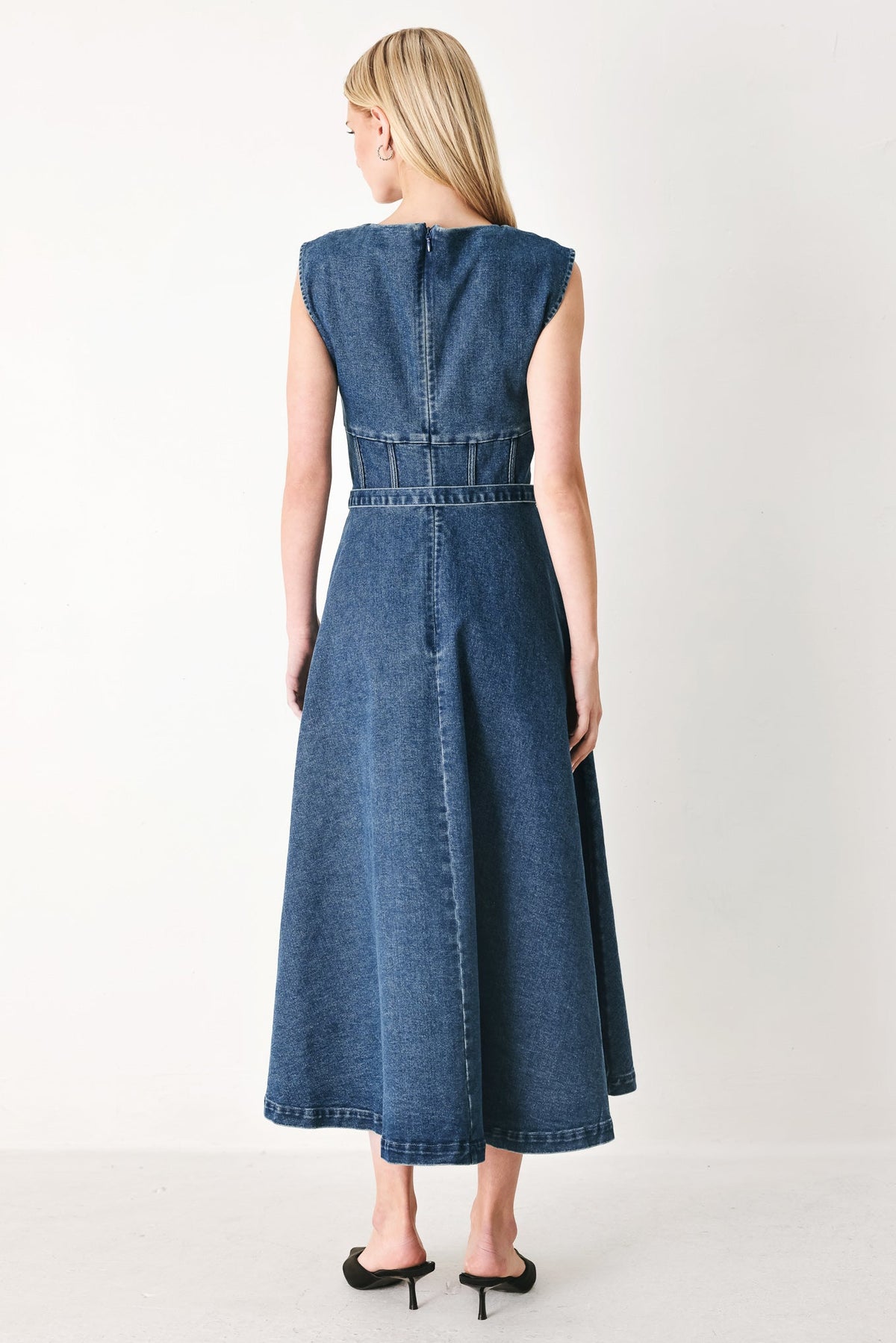 Quiet Muse Denim Midi Dress in indigo, view 6 — Soul Flow Apparel