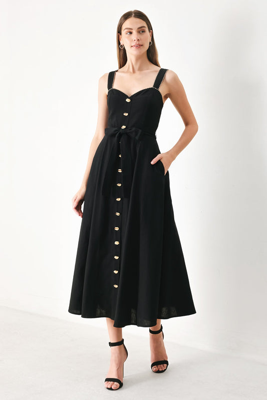 Lovely Noir Woven Midi Dress in black, view 1 — Soul Flow Apparel