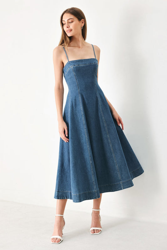 Summer Indigo Denim Midi Dress in medium indigo, view 3 — Soul Flow Apparel