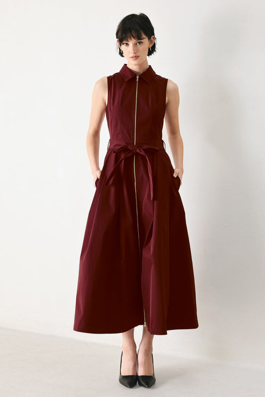 Timeless Mood Woven Midi Dress in burgundy, view 1 — Soul Flow Apparel