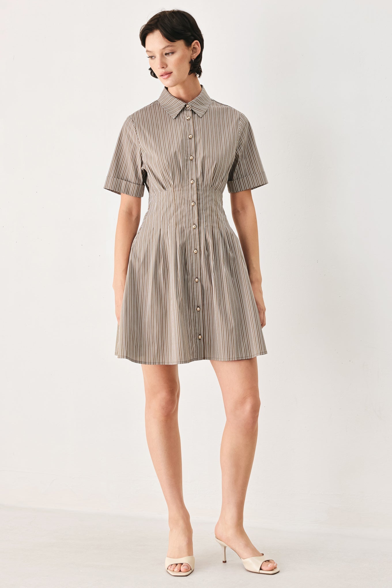 Park Avenue Woven Mini Dress in taupe multi, view 1 — Soul Flow Apparel