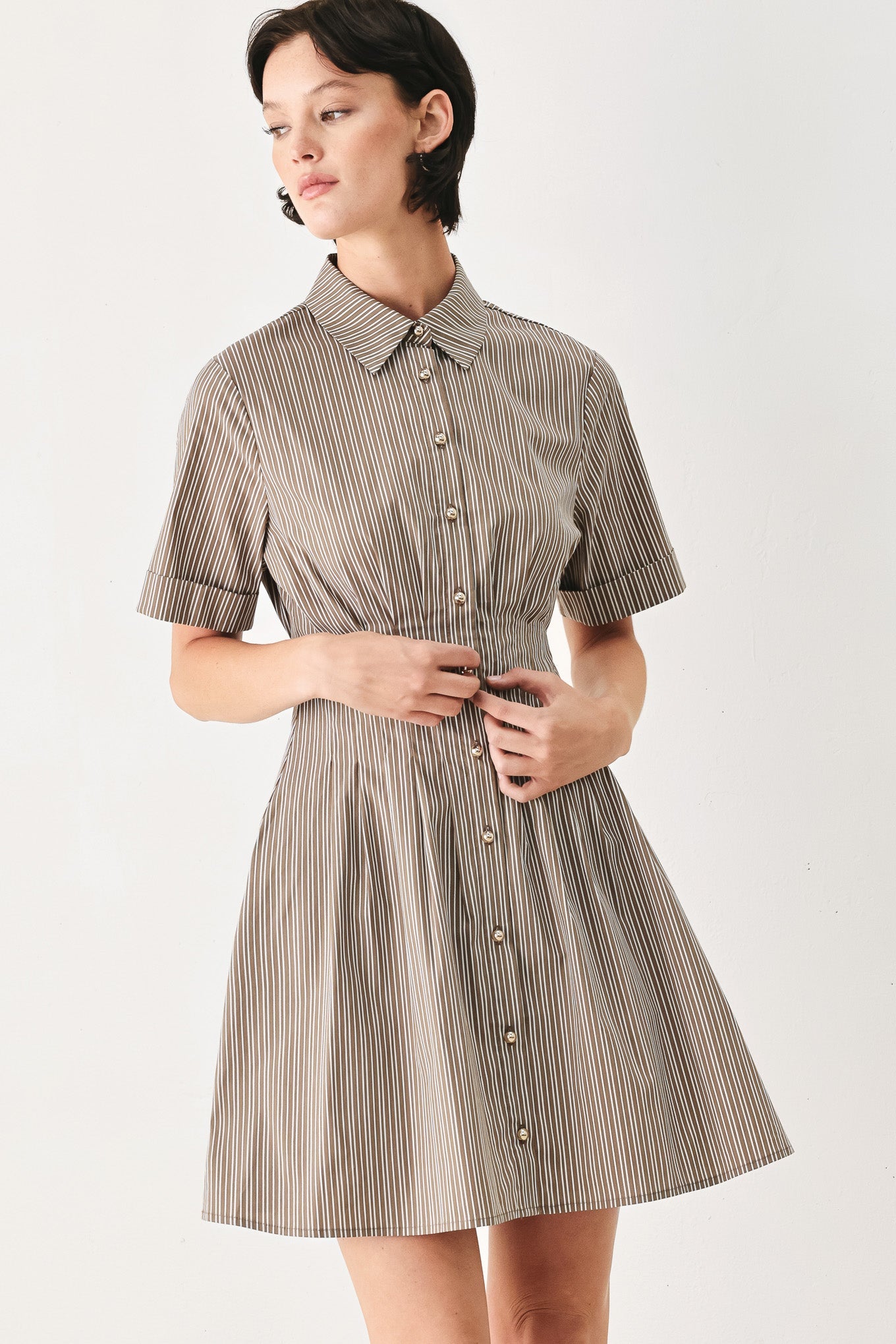 Park Avenue Woven Mini Dress in taupe multi, view 2 — Soul Flow Apparel