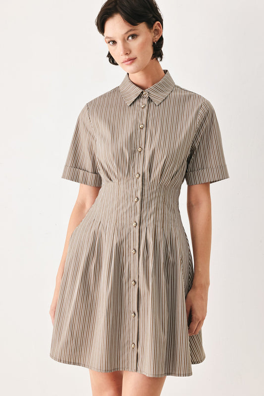Park Avenue Woven Mini Dress in taupe multi, view 3 — Soul Flow Apparel