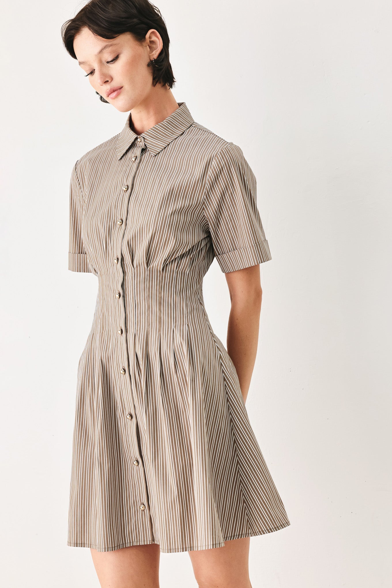 Park Avenue Woven Mini Dress in taupe multi, view 4 — Soul Flow Apparel