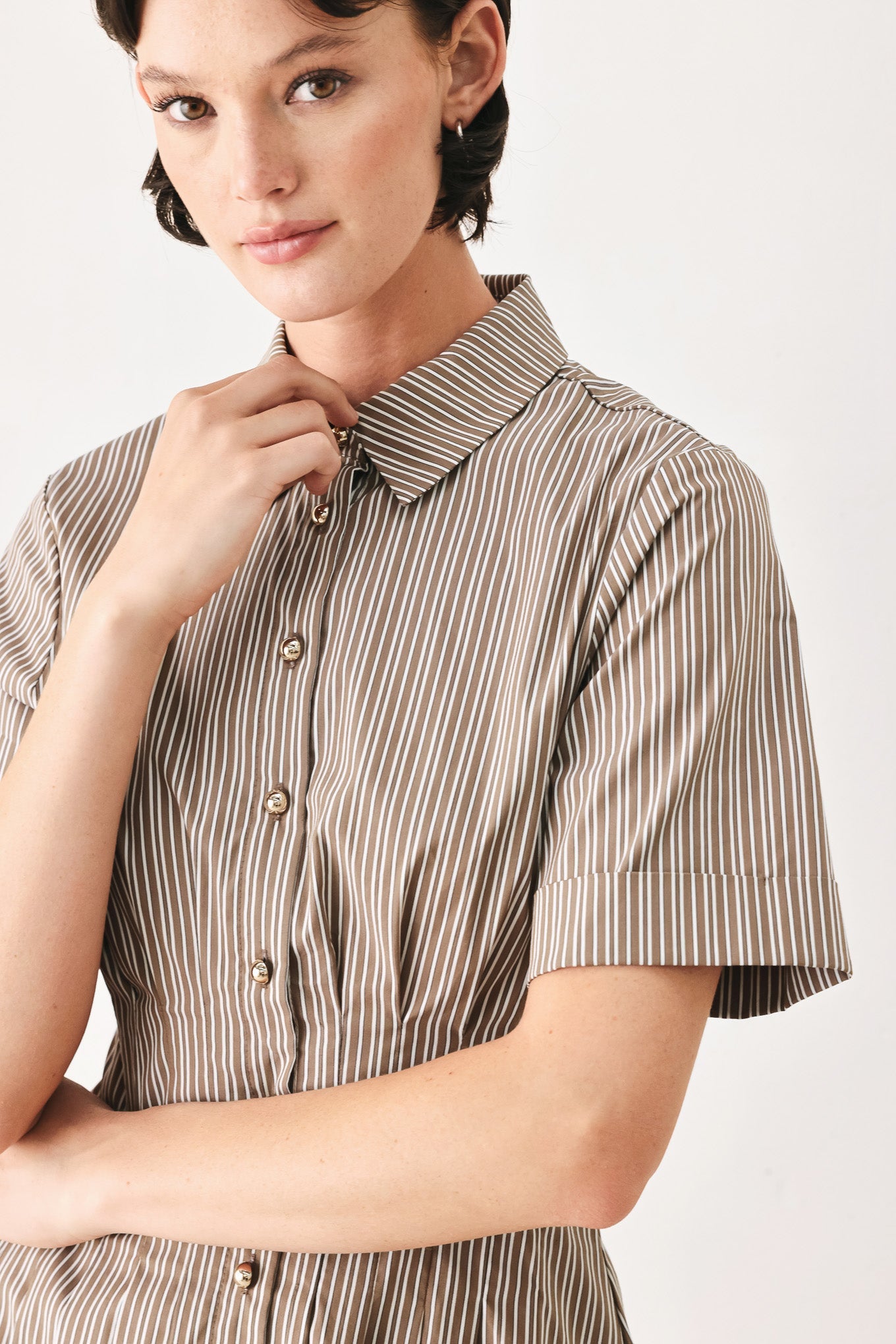 Park Avenue Woven Mini Dress in taupe multi, view 5 — Soul Flow Apparel