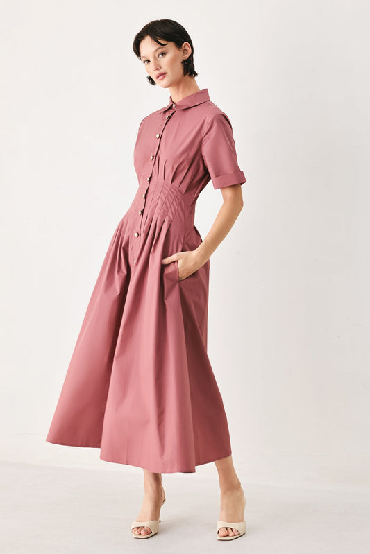 Countryside Charm Woven Midi Dress in mauve, view 2 — Soul Flow Apparel