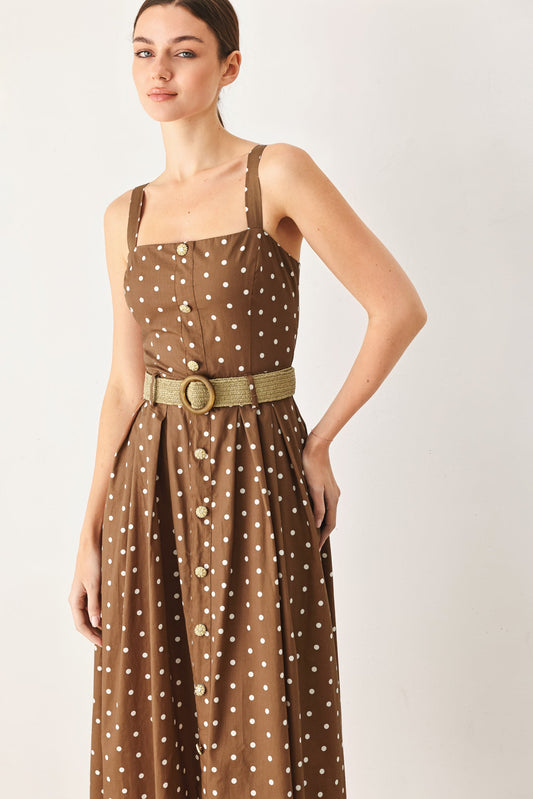 Parisian Dot Woven Midi Dress with Button Down Belt in brown white, view 3 — Soul Flow Apparel