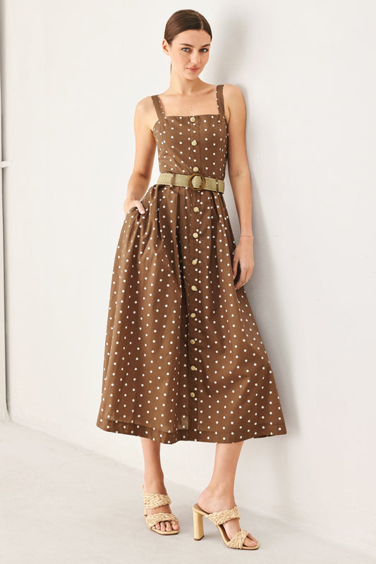 Parisian Dot Woven Midi Dress with Button Down Belt in brown white, view 7 — Soul Flow Apparel