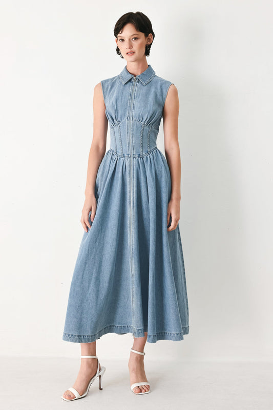 Sunday Stroll Denim Midi Dress, view 1 — Soul Flow Apparel