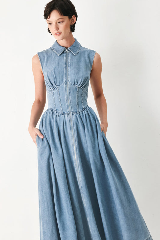 Sunday Stroll Denim Midi Dress, view 3 — Soul Flow Apparel