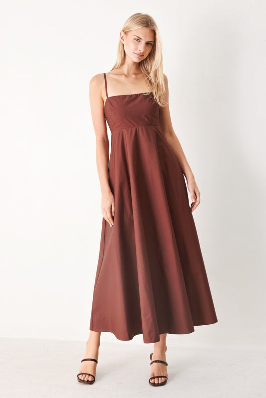 Quiet Luxe Woven Midi Dress in dark rose, view 1 — Soul Flow Apparel
