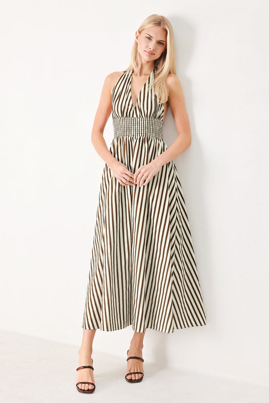 Vacation Line Strip Woven Midi Dress in taupe brown, view 5 — Soul Flow Apparel