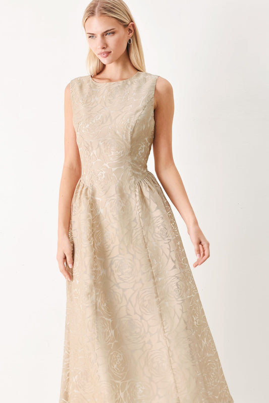 Evening Blossom Organza Midi Dress in taupe, view 2 — Soul Flow Apparel