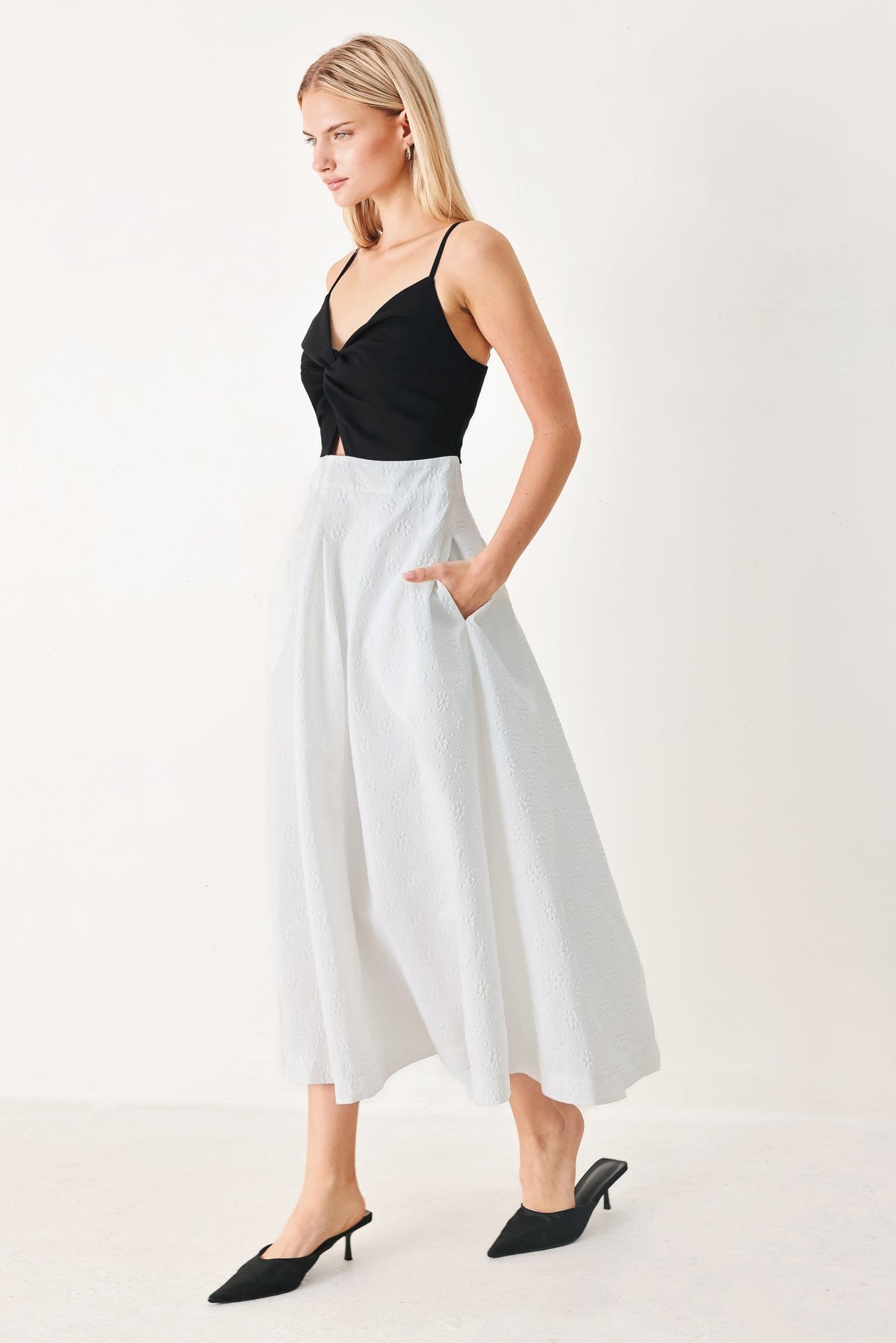 Modern Contrast Midi Dress in black white, view 3 — Soul Flow Apparel