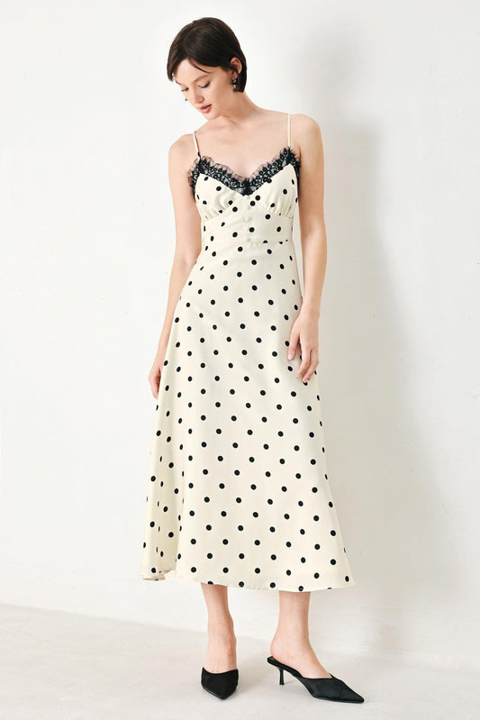 Dotty Sweetheart Woven Midi Dress in cream, view 1 — Soul Flow Apparel