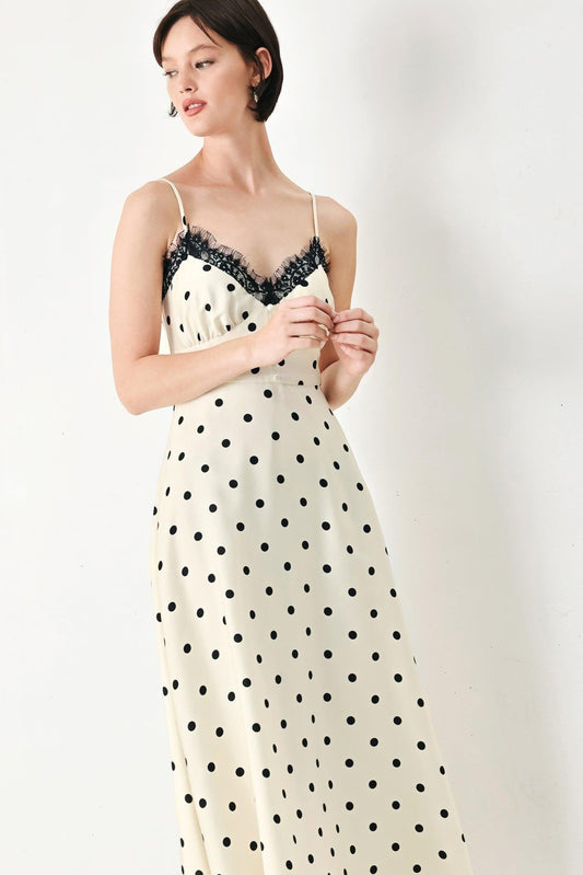 Dotty Sweetheart Woven Midi Dress in cream, view 3 — Soul Flow Apparel