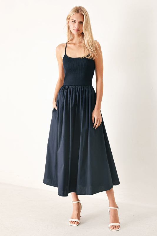 Easy Breeze Navy Woven Midi Dress, view 1 — Soul Flow Apparel