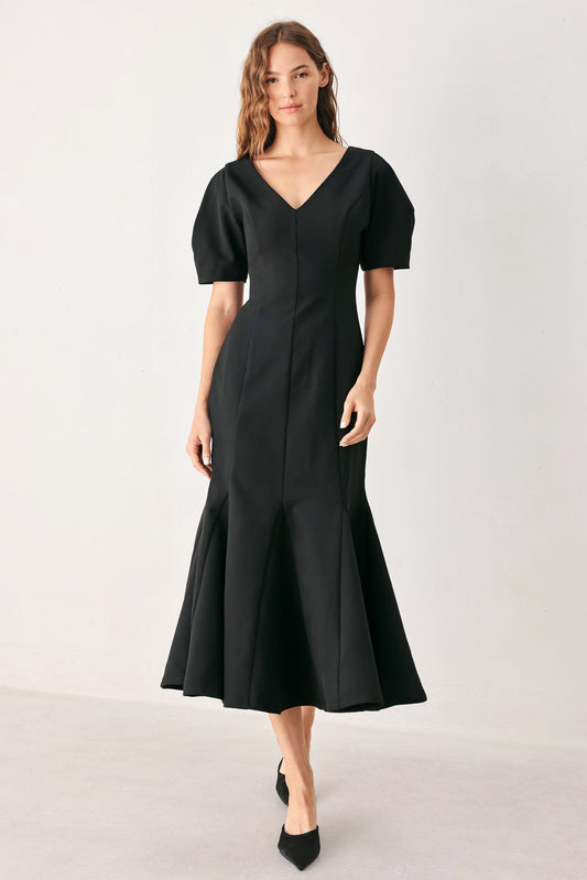 SOIRÉE PUFF WOVEN MIDI DRESS