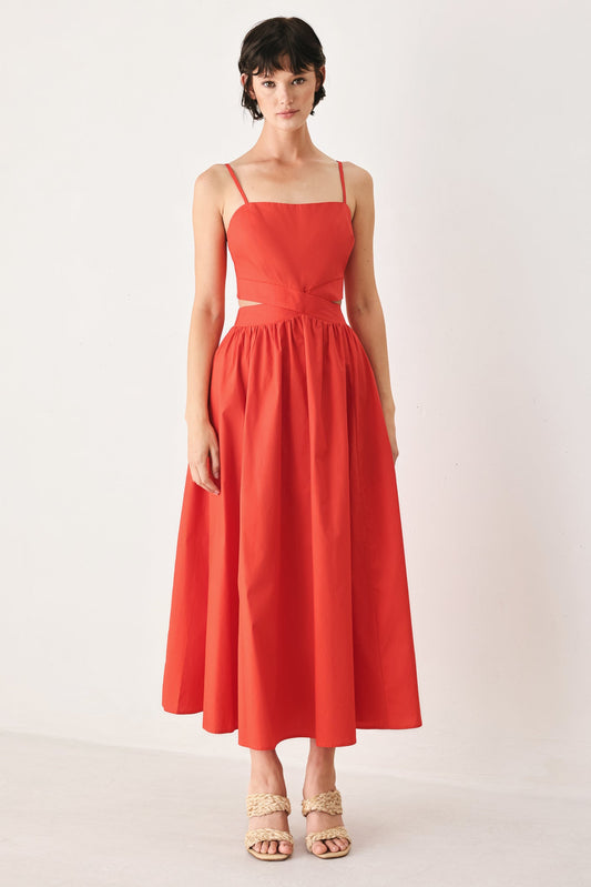 The Riviera Nights Woven Midi Dress in coral red, view 1 — Soul Flow Apparel