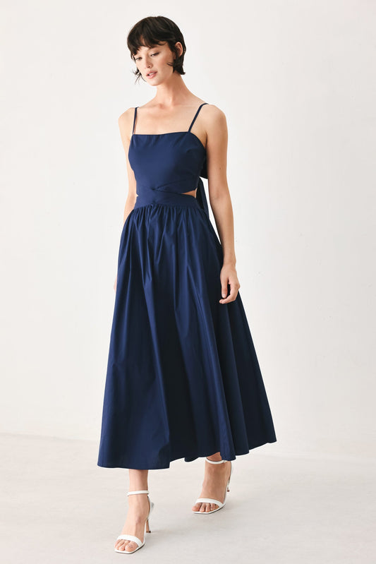 The Riviera Nights Woven Midi Dress in navy, view 3 — Soul Flow Apparel