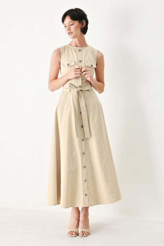 Dune Daydream Woven Midi Dress in khaki, view 1 — Soul Flow Apparel