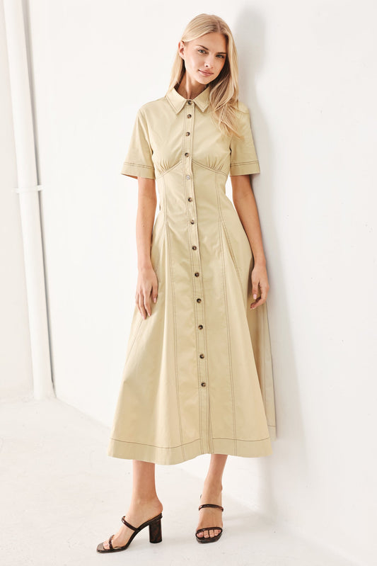 Trend Icon Woven Midi Dress in khaki, view 5 — Soul Flow Apparel
