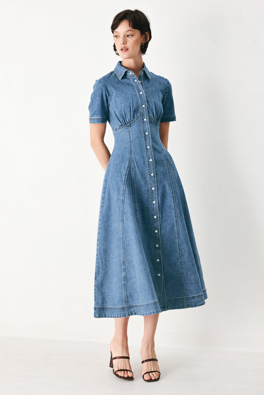 Vintage Sky Denim Midi Shirt Dress in denim blue, view 1 — Soul Flow Apparel