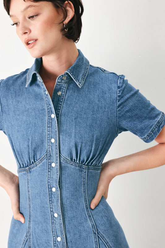 Vintage Sky Denim Midi Shirt Dress in denim blue, view 3 — Soul Flow Apparel