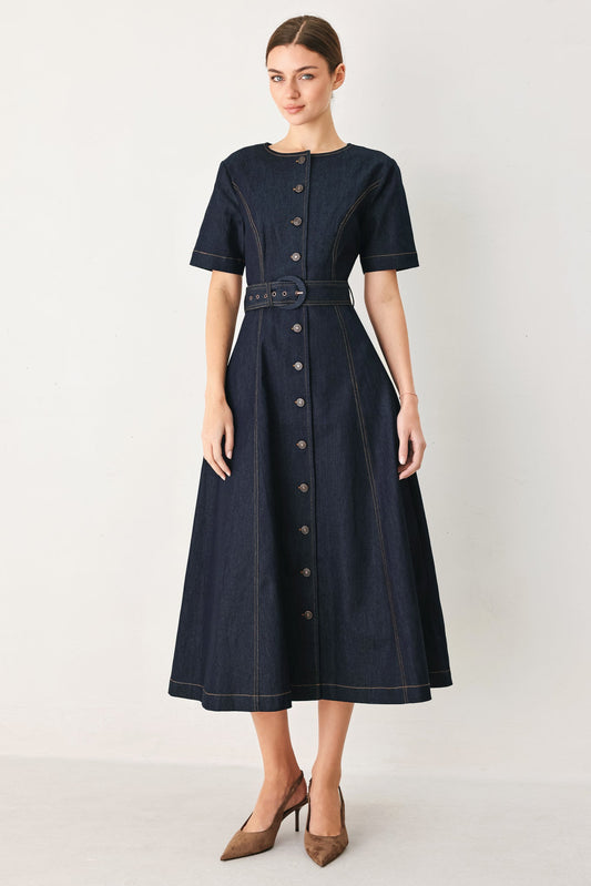 Romantic Denim Woven Midi Dress in dark denim, view 1 — Soul Flow Apparel