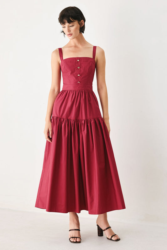 Berry Romance Woven Midi Dress in burgundy, view 1 — Soul Flow Apparel