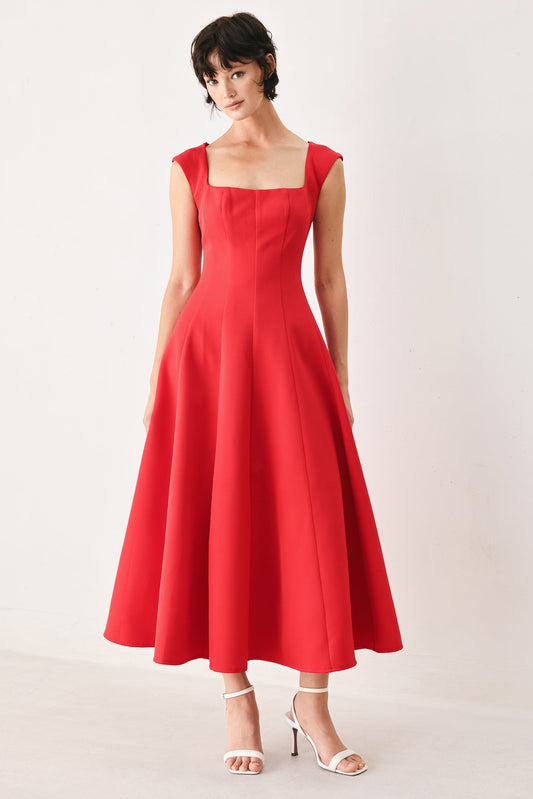 Scarlet Romance Woven Midi Dress in red, view 1 — Soul Flow Apparel