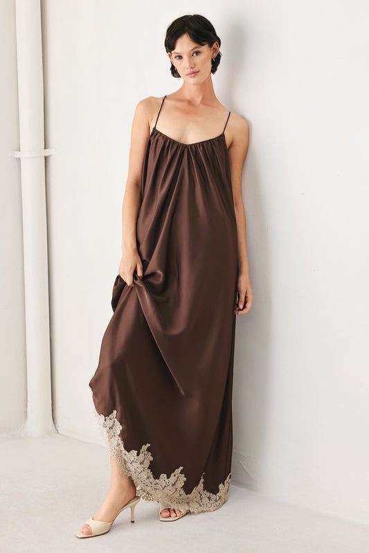 Truffle Dream Woven Midi Slip Dress in brown, view 5 — Soul Flow Apparel