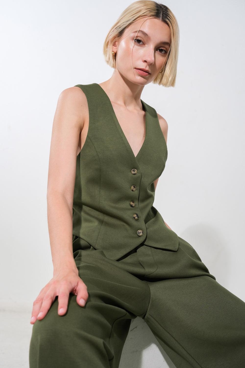 Call My Lovely Ponti Vest in olive, view 1 — Soul Flow Apparel
