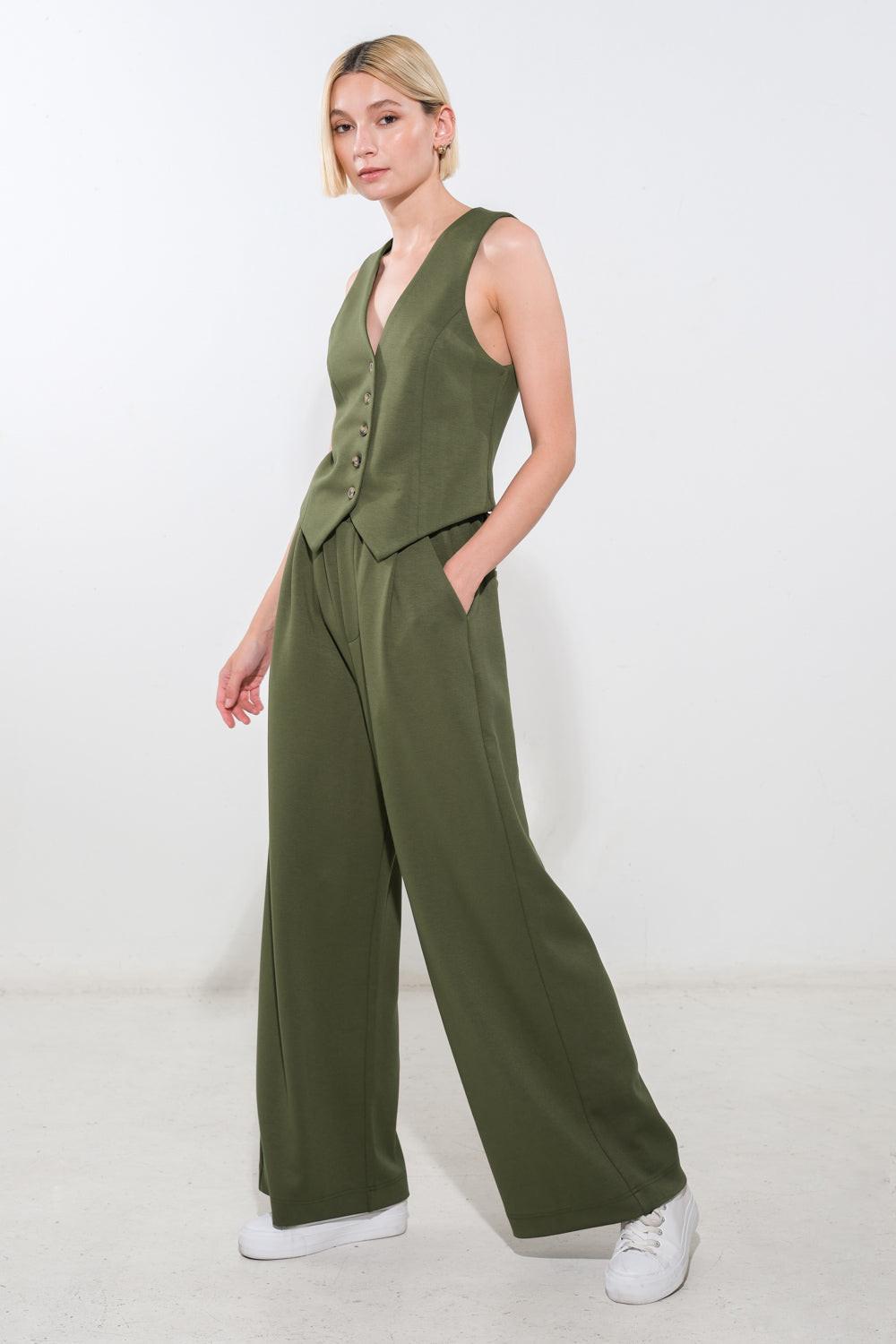 Call My Lovely Ponti Vest in olive, view 3 — Soul Flow Apparel
