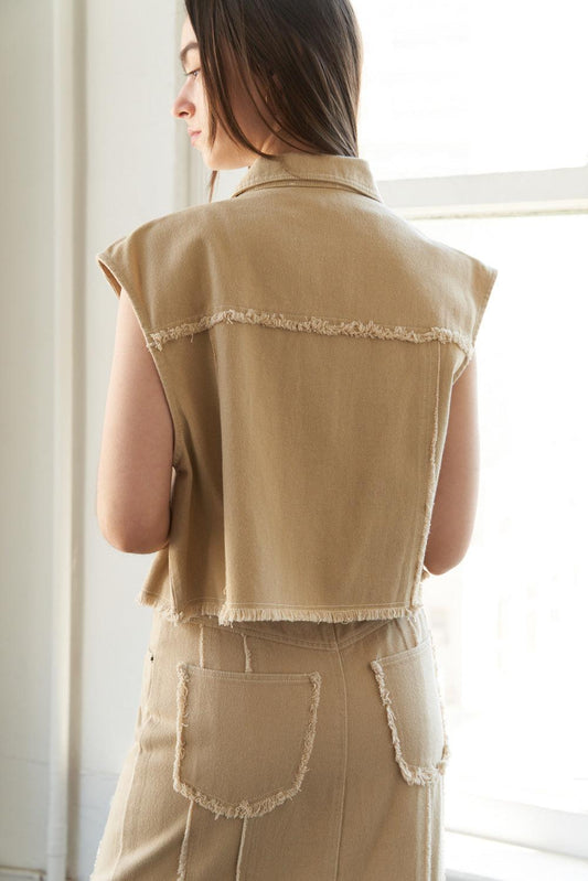 Between the Pages Woven Twill Vest in taupe, view 2 — Soul Flow Apparel