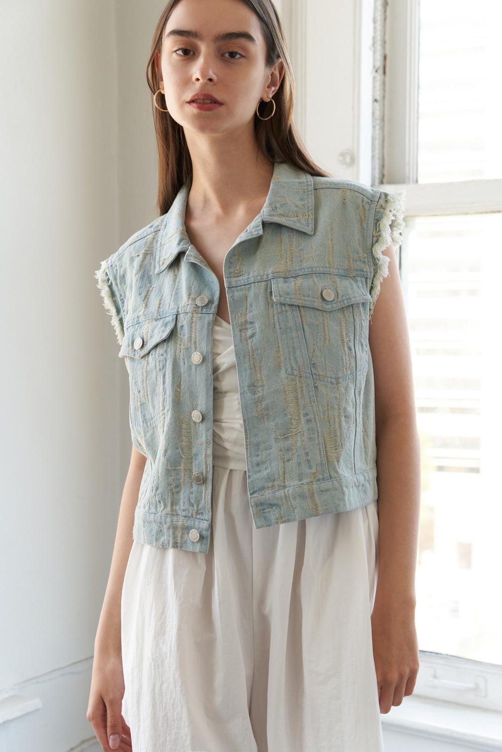 Blessed Lift Denim Vest in light indigo, view 1 — Soul Flow Apparel