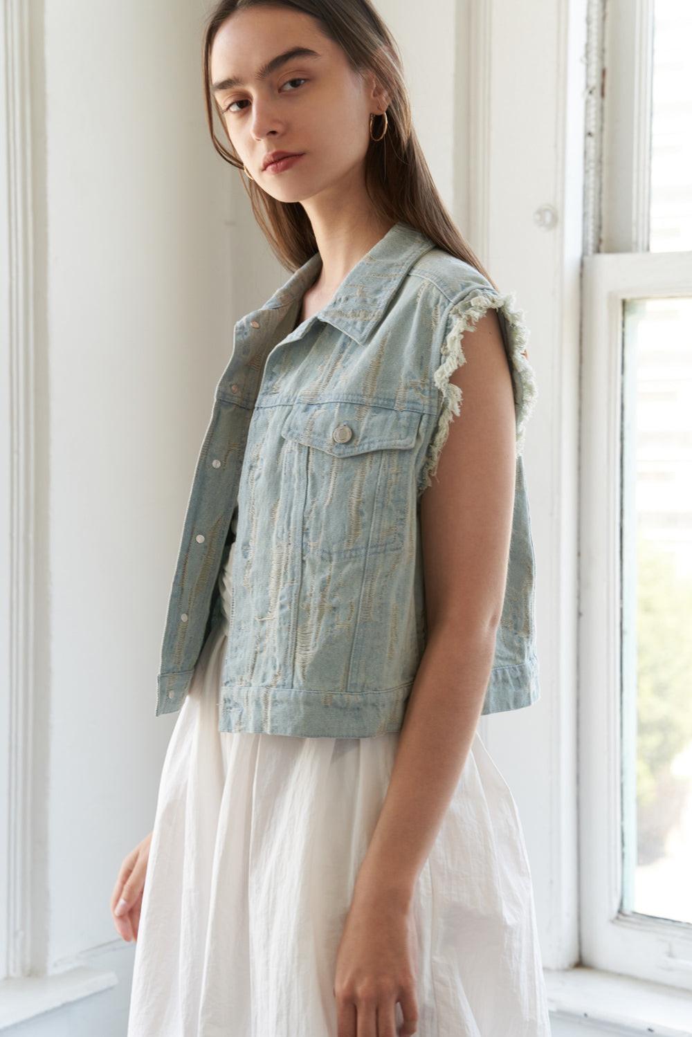 Blessed Lift Denim Vest in light indigo, view 3 — Soul Flow Apparel