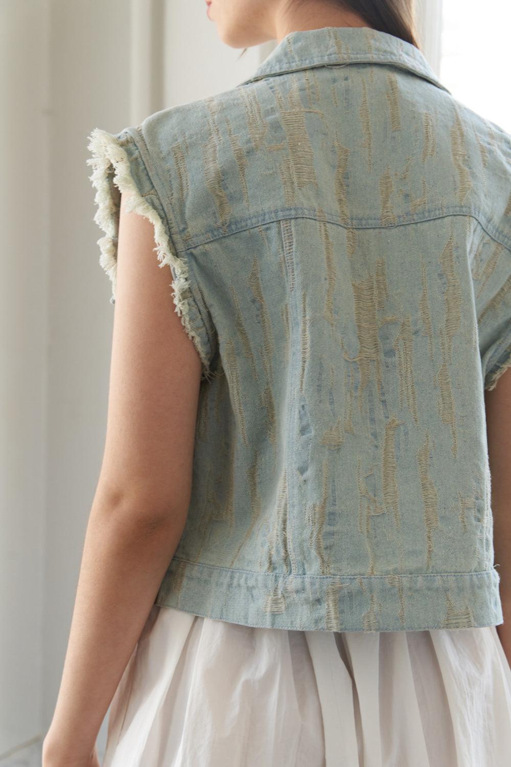 Blessed Lift Denim Vest in light indigo, view 4 — Soul Flow Apparel