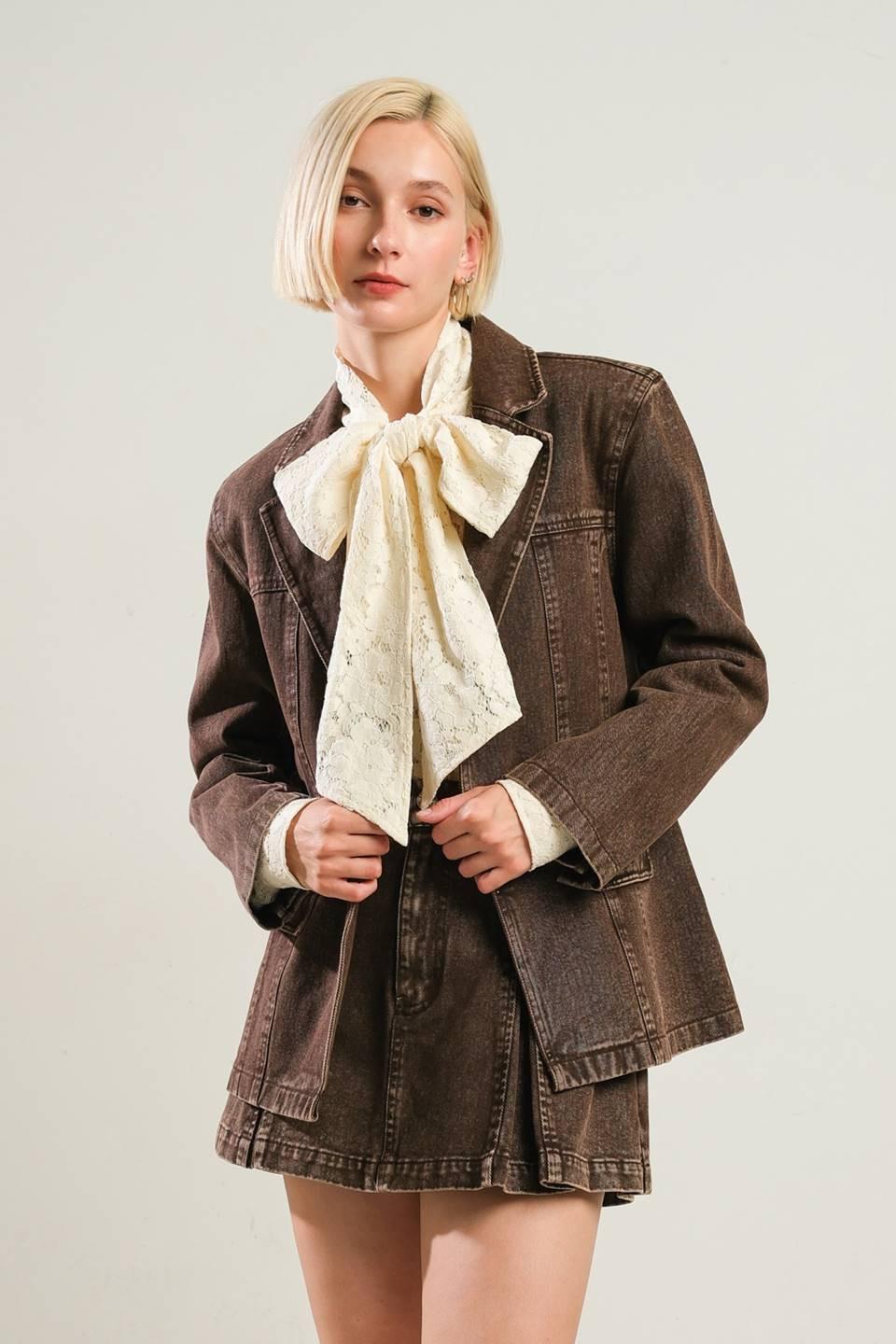 Daring Confidence Denim Blazer in brown, view 1 — Soul Flow Apparel