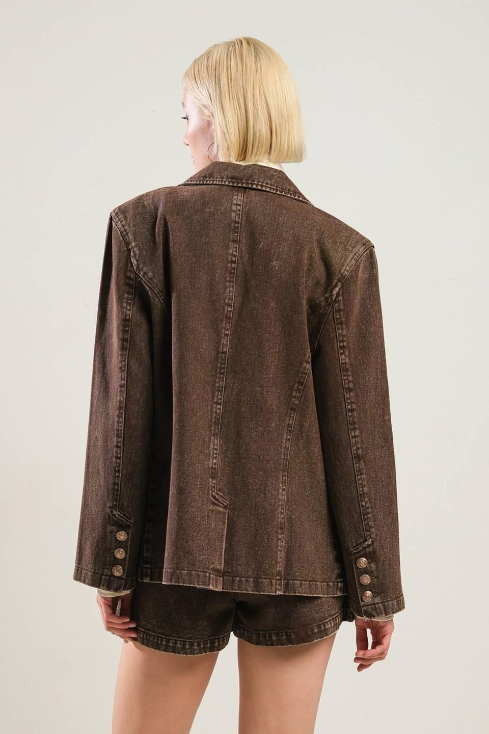 Daring Confidence Denim Blazer in brown, view 2 — Soul Flow Apparel