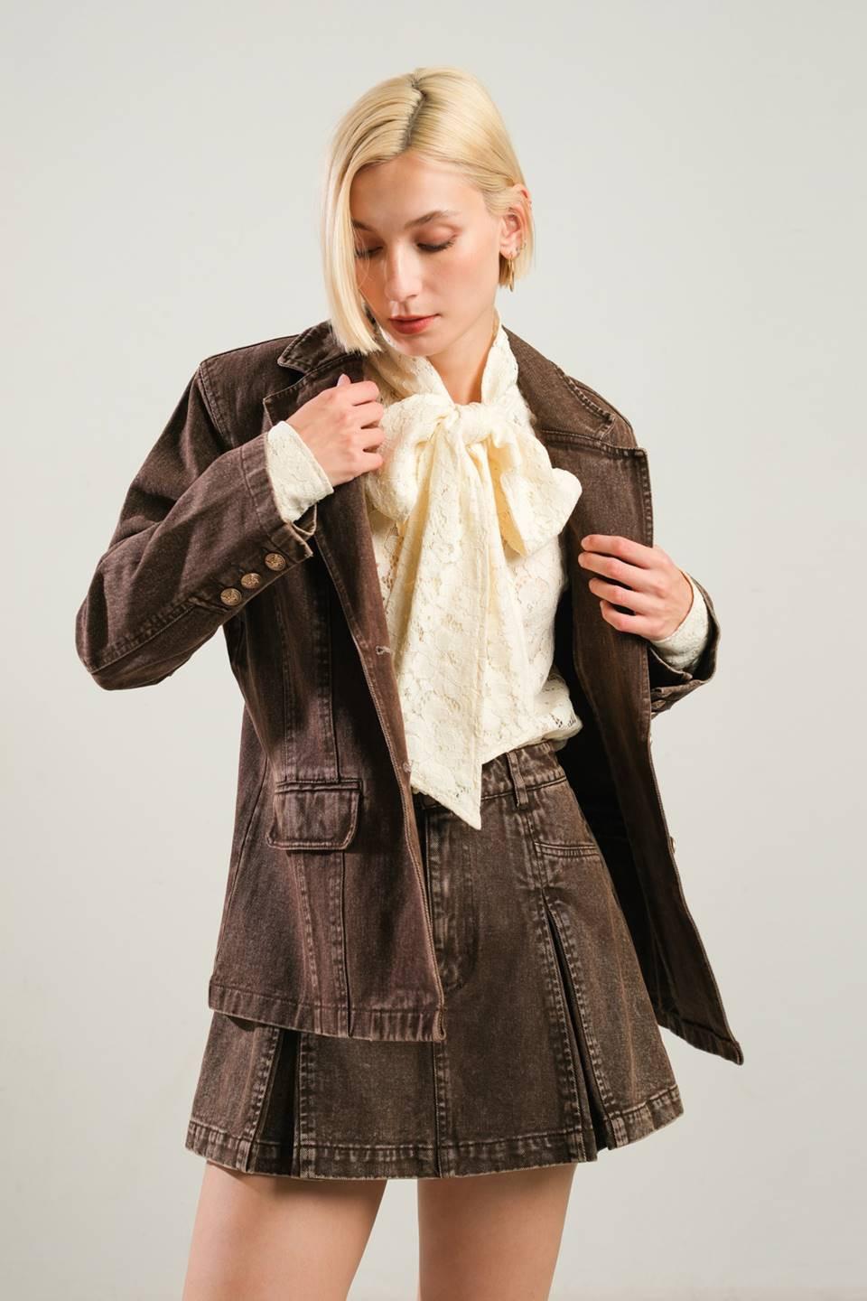 Daring Confidence Denim Blazer in brown, view 4 — Soul Flow Apparel