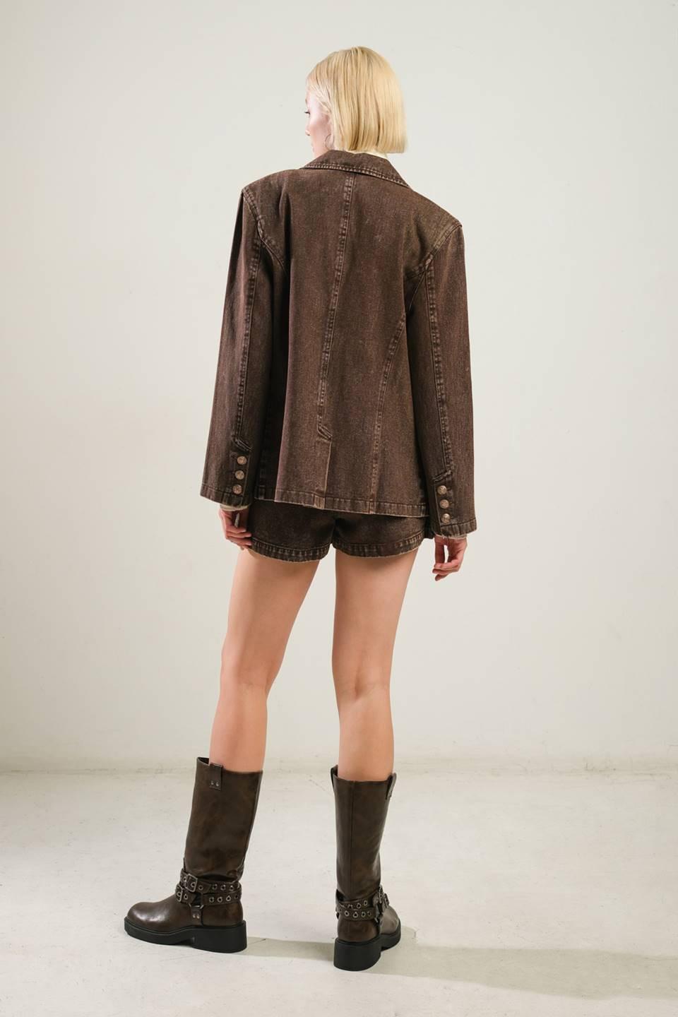 Daring Confidence Denim Blazer in brown, view 6 — Soul Flow Apparel