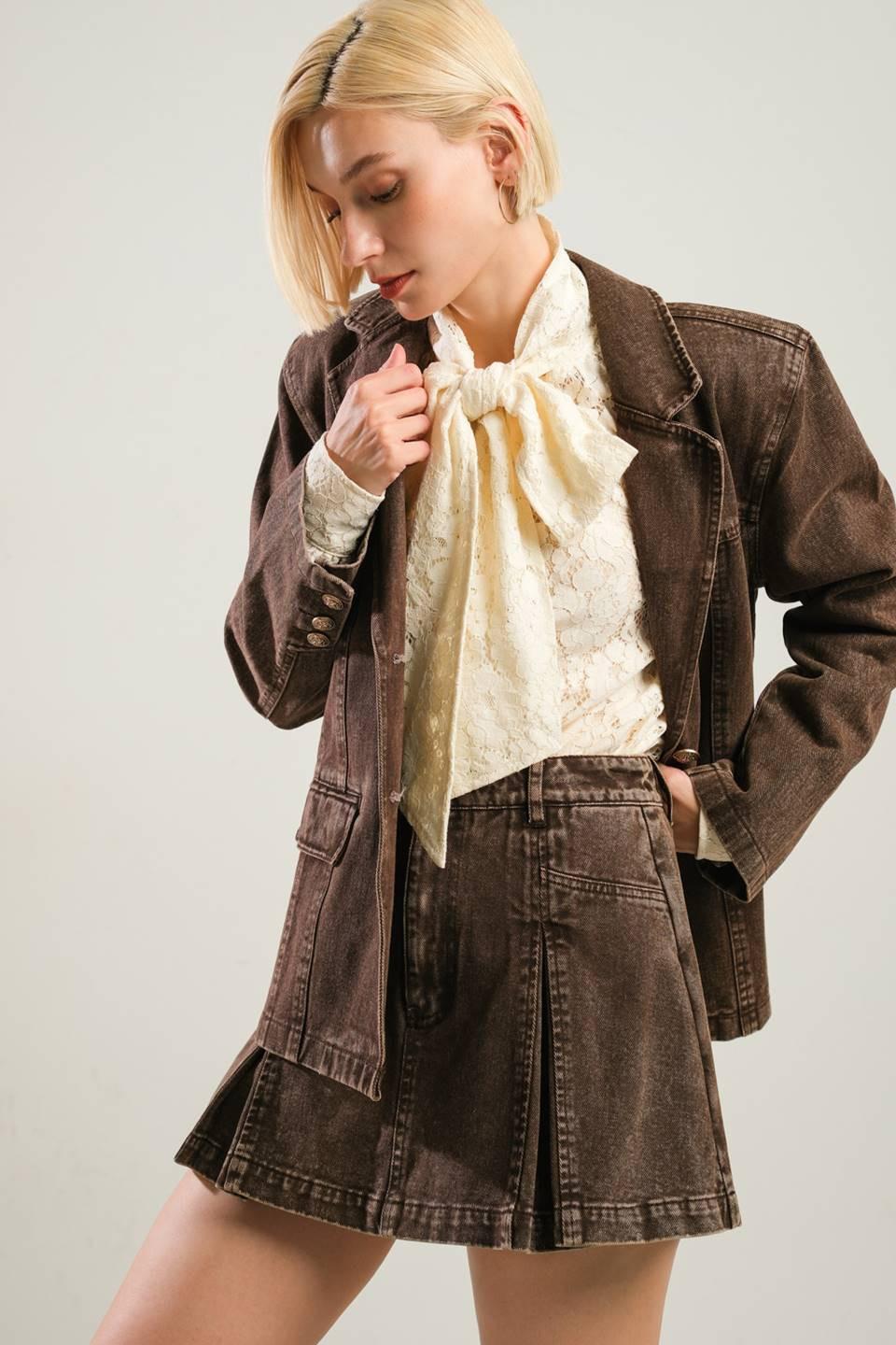 Daring Confidence Denim Blazer in brown, view 7 — Soul Flow Apparel